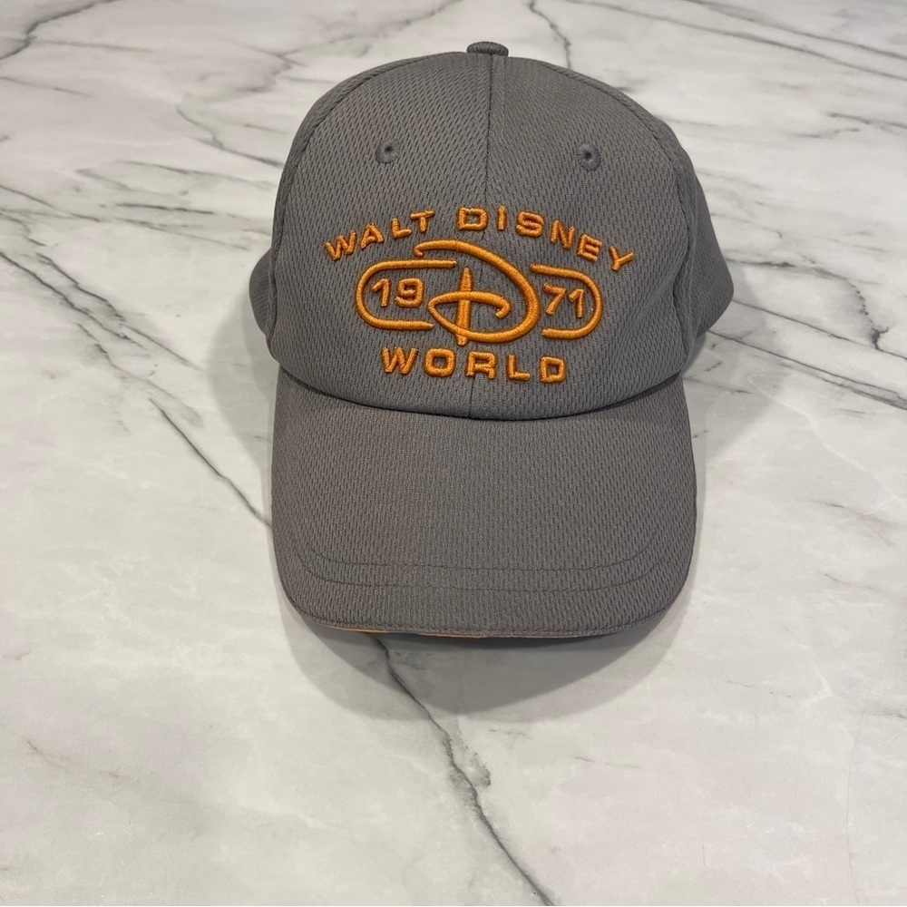 DISNEY PARKS 1971 Gray Strapback Baseball Cap Hat Orange Embroidered Logo Adult